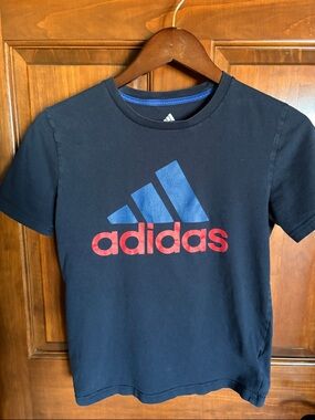adidas Navy Blue Tee with Blue Logo and Red Text- Boys Medium 10/12